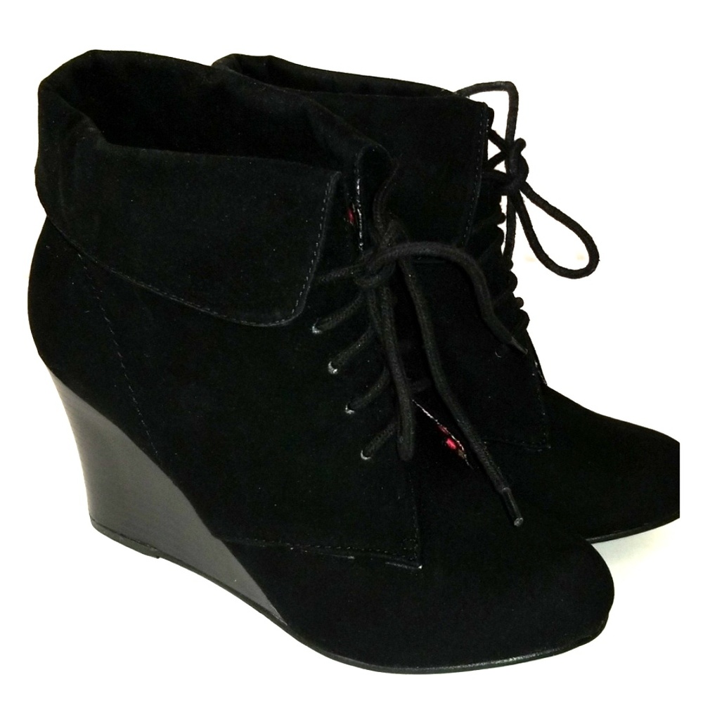 Rampage Black Faux Suede Lace Up Boot Wedges